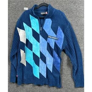 Johnny Blaze Sweater Mens Large Blue Quarter Zip Patchwork Applique Streetwear